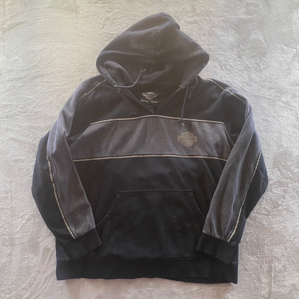 Harley Davidson Mens XL Black Grey Colorblock Logo Graphic Hoodie Sweatshirt